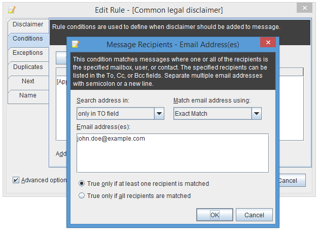 Rule Wizard - Message Recipients - Email Address
